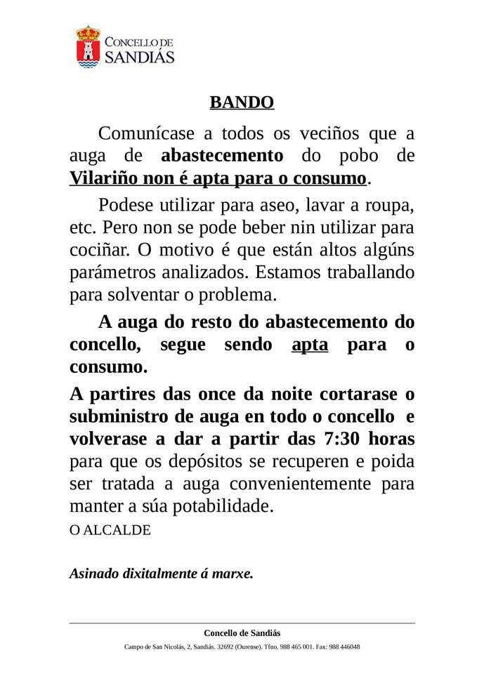 A auga de abastecemento en Vilariño (Sandiás), non é acta para o consumo