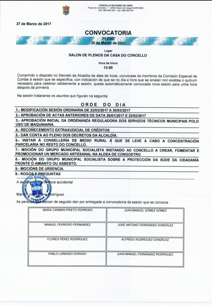 Novo pleno ordinario en Rairiz de Veiga