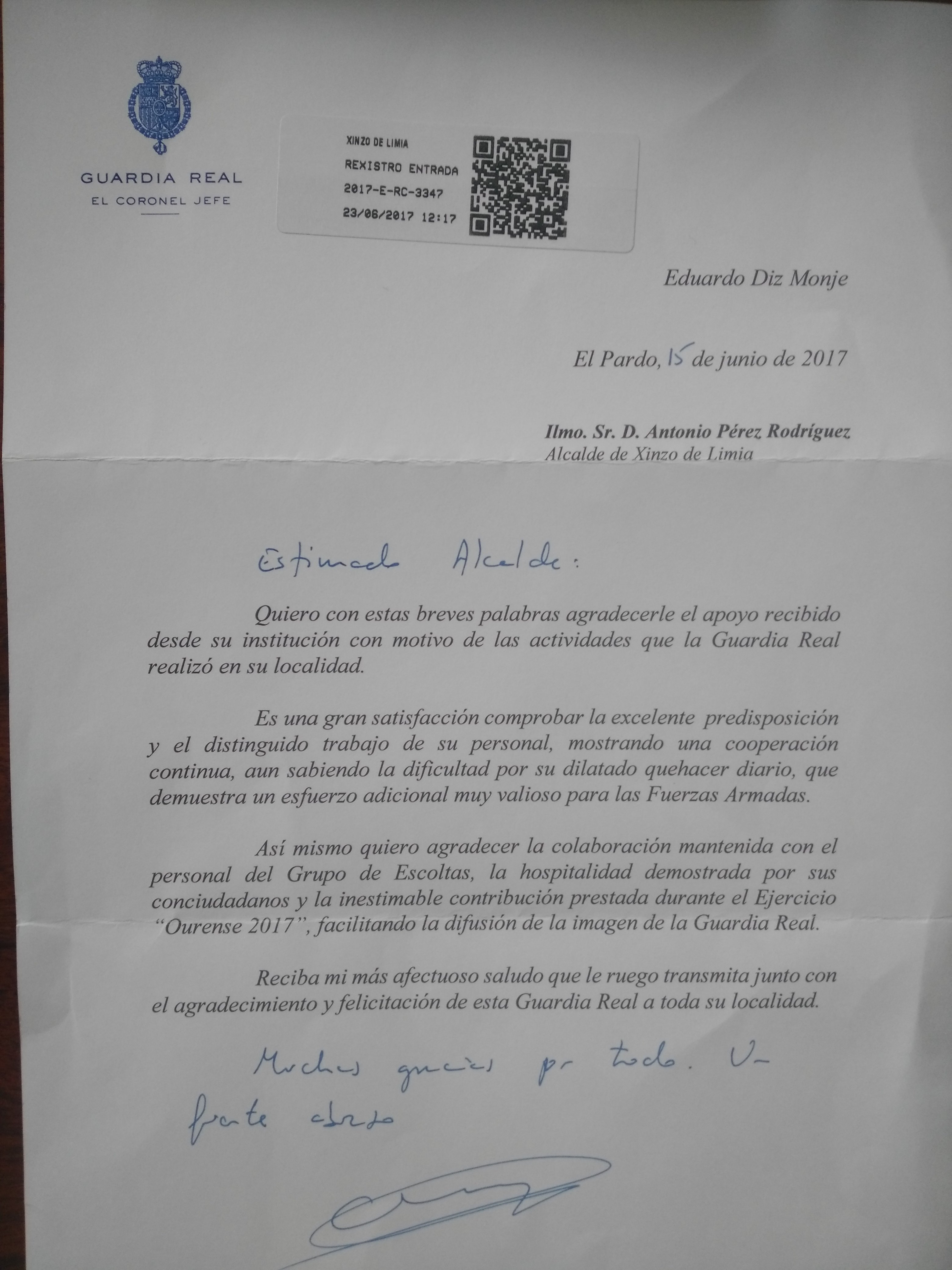 Carta de agradecemento da Garda Real.