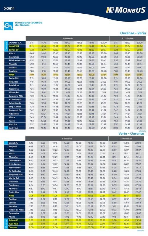 Horario autobuses Ourense-Xinzo-Ourense