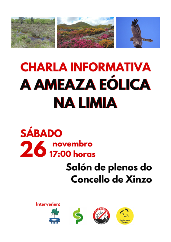 Cartel da charla 26N contra a ameaza eólica na Limia