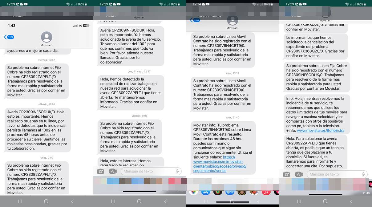 Capturas de pantalla dos avisos de averias coa contestacións da compañía